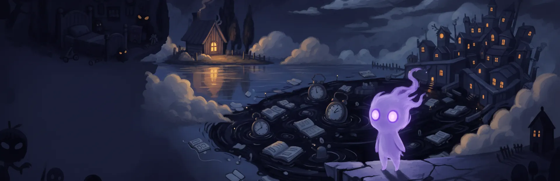 Rem, una pequeña pesadilla de bruma violeta, mira el mar de sueños desde una orilla de piedra